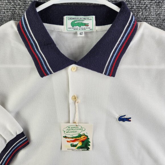 VTG NWT Lacoste 42 White Short Sleeve Polo Blue Contrast Collar Cotton Blend Men - Picture 1 of 16